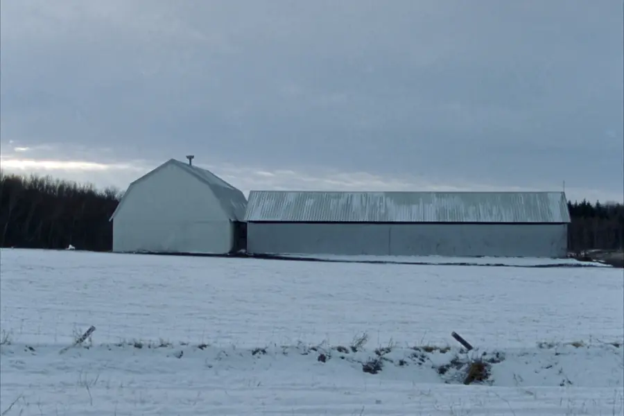 Farmstead with galvanized standing seam metal roofs across open snow-covered farmland in the St. Lawrence valley, New York