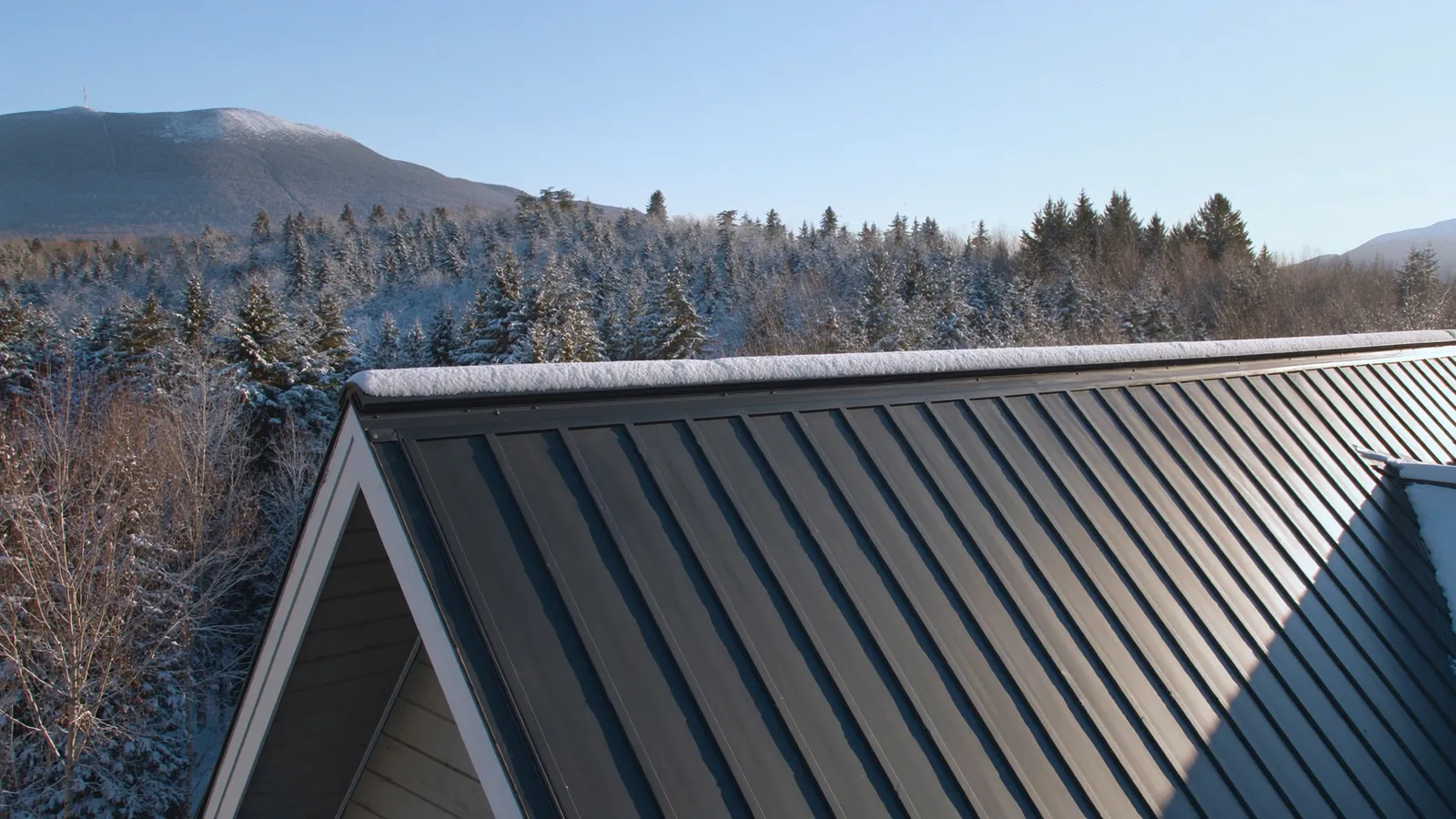 Charcoal standing seam metal roof with a snow-capped ridge above snowy fir forest and a bare peak in the Adirondacks, New York